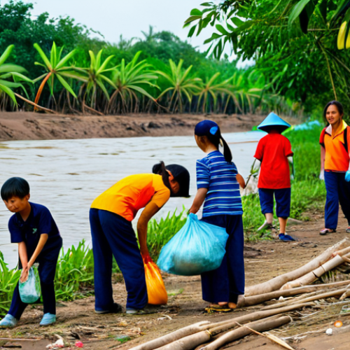 Home 28 A diverse group of Vietnamese individuals, including adults and older children, in modest, practical clothing, are actively participating in a community clean-up along a riverbank in the Mekong Delta. The foreground subtly shows some plastic waste, while the background transitions to lush, healthy mangrove trees. They are carefully collecting trash into large reusable bags, with some planting small saplings. The scene is bathed in natural daylight, conveying a sense of hope and collective effort. Professional photography, sharp focus, vibrant colors, perfect anatomy, correct proportions, natural pose, well-formed hands, proper finger count, natural body proportions. Fully clothed, appropriate attire, safe for work, appropriate content, family-friendly.
