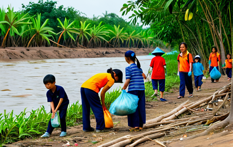 A diverse group of Vietnamese individuals, including adults and older children, in modest, practical clothing, are actively participating in a community clean-up along a riverbank in the Mekong Delta. The foreground subtly shows some plastic waste, while the background transitions to lush, healthy mangrove trees. They are carefully collecting trash into large reusable bags, with some planting small saplings. The scene is bathed in natural daylight, conveying a sense of hope and collective effort. Professional photography, sharp focus, vibrant colors, perfect anatomy, correct proportions, natural pose, well-formed hands, proper finger count, natural body proportions. Fully clothed, appropriate attire, safe for work, appropriate content, family-friendly.