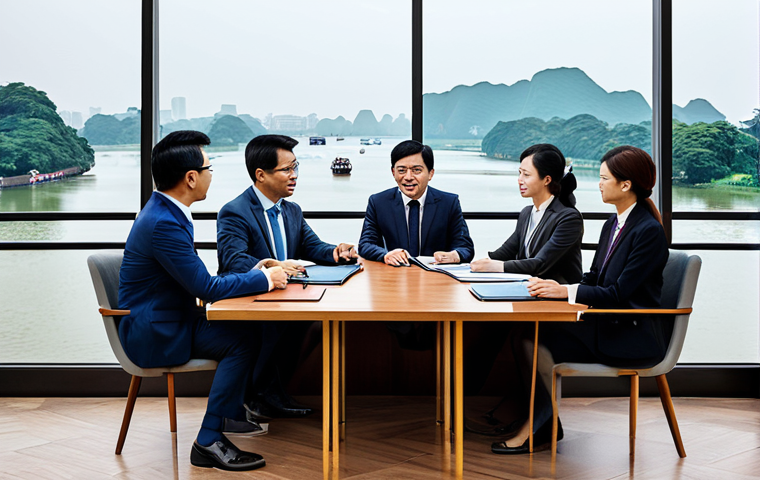 **
"A diverse group of professionals in business attire meeting in a modern Hanoi office overlooking Hoan Kiem Lake, discussing a partnership agreement, fully clothed, appropriate content, safe for work, perfect anatomy, natural proportions, professional, family-friendly."
**